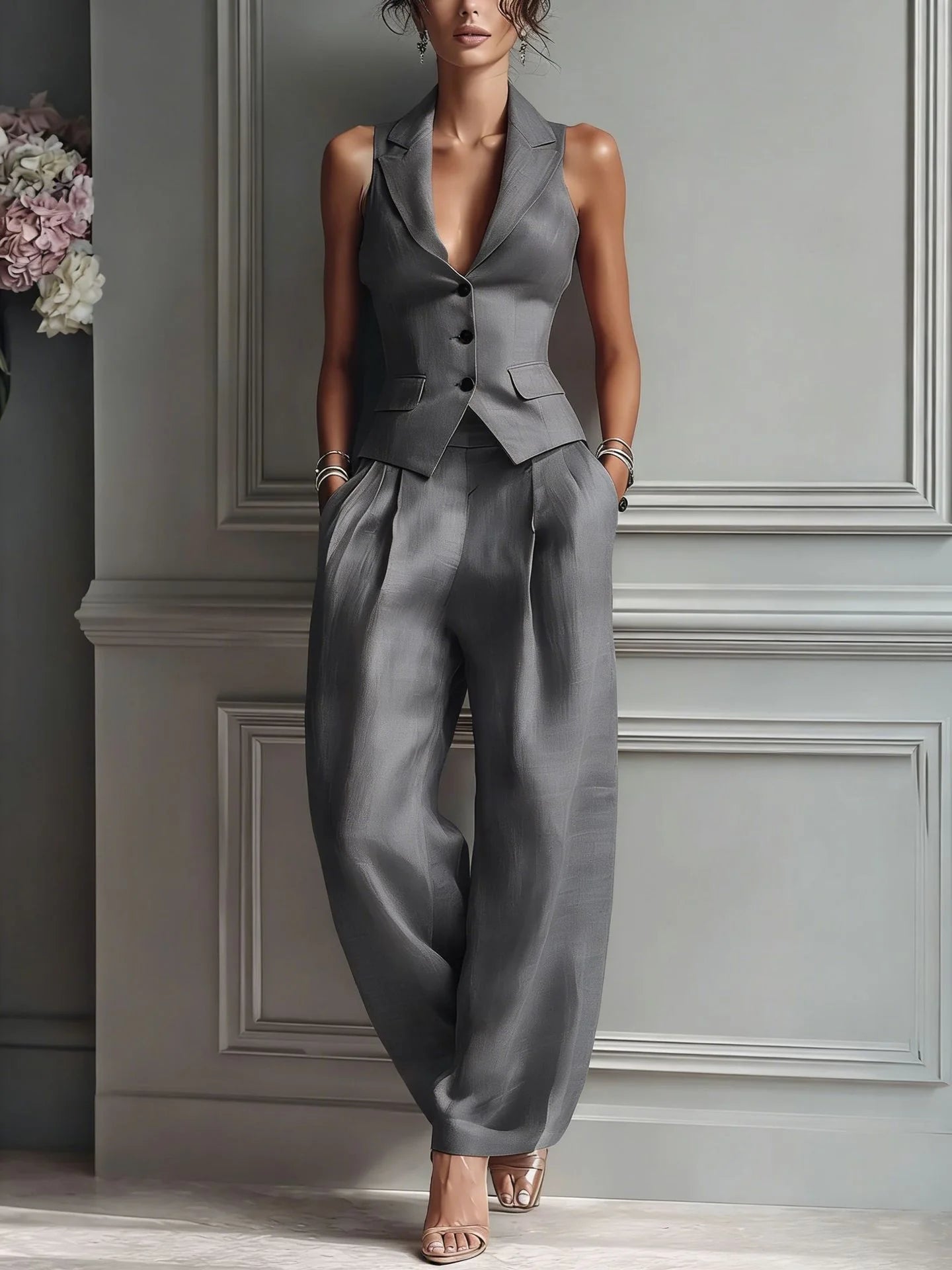 CELINE | Conjunto 2 Piezas Blazer Sin Mangas y Pantalón Palazzo