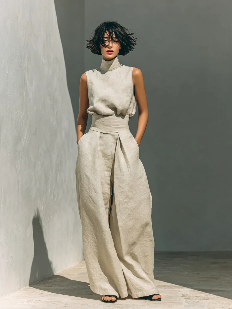 SARAH | Conjunto de top y pantalón ancho de lino minimalista