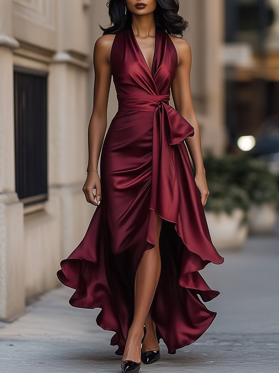 CLAUDIA | Vestido largo de satén halter con volantes