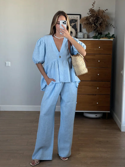 GAGI | Conjunto Camisa cuello en V y Pantalón Largo