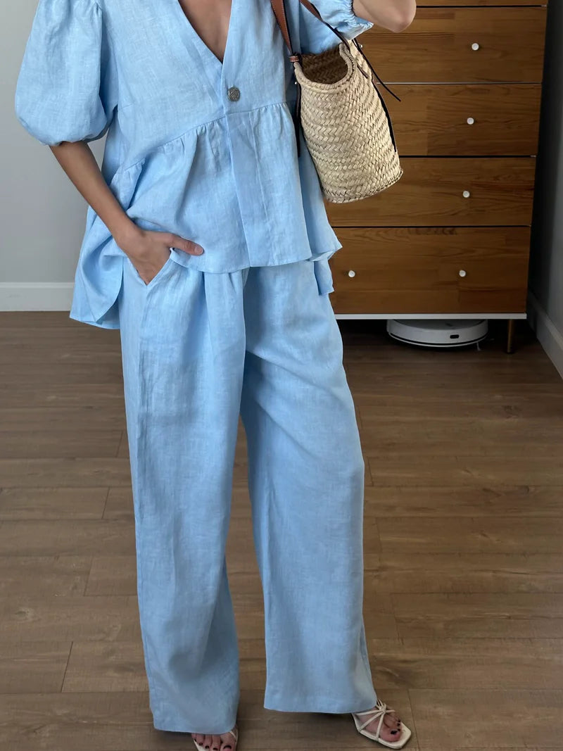 GAGI | Conjunto Camisa cuello en V y Pantalón Largo