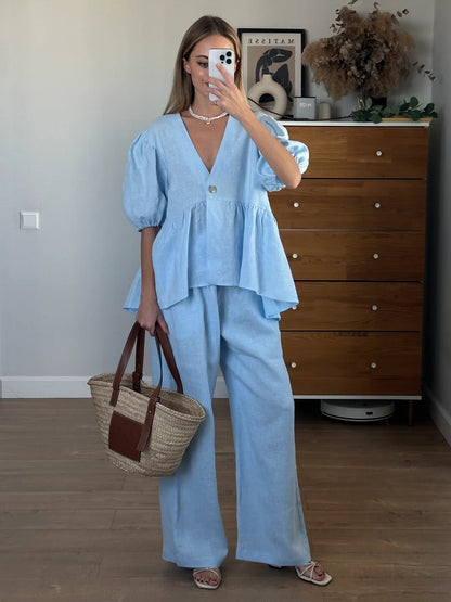 GAGI | Conjunto Camisa cuello en V y Pantalón Largo