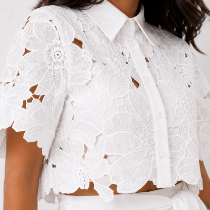 NICOLE | Conjunto 2 Piezas Blusa Bordada de Encaje y Pantalón Calado