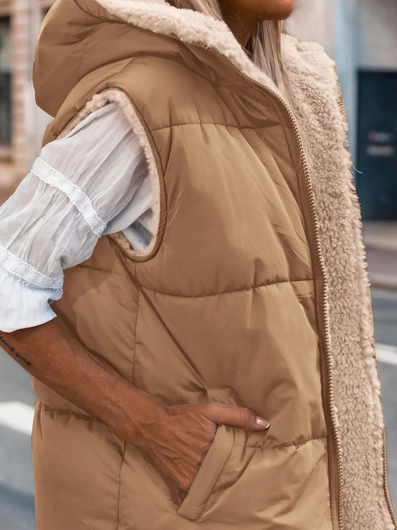 NOLEA Reversible Fleece Vest • Front Zipper • Super Warm, Soft, with Hood and Pockets