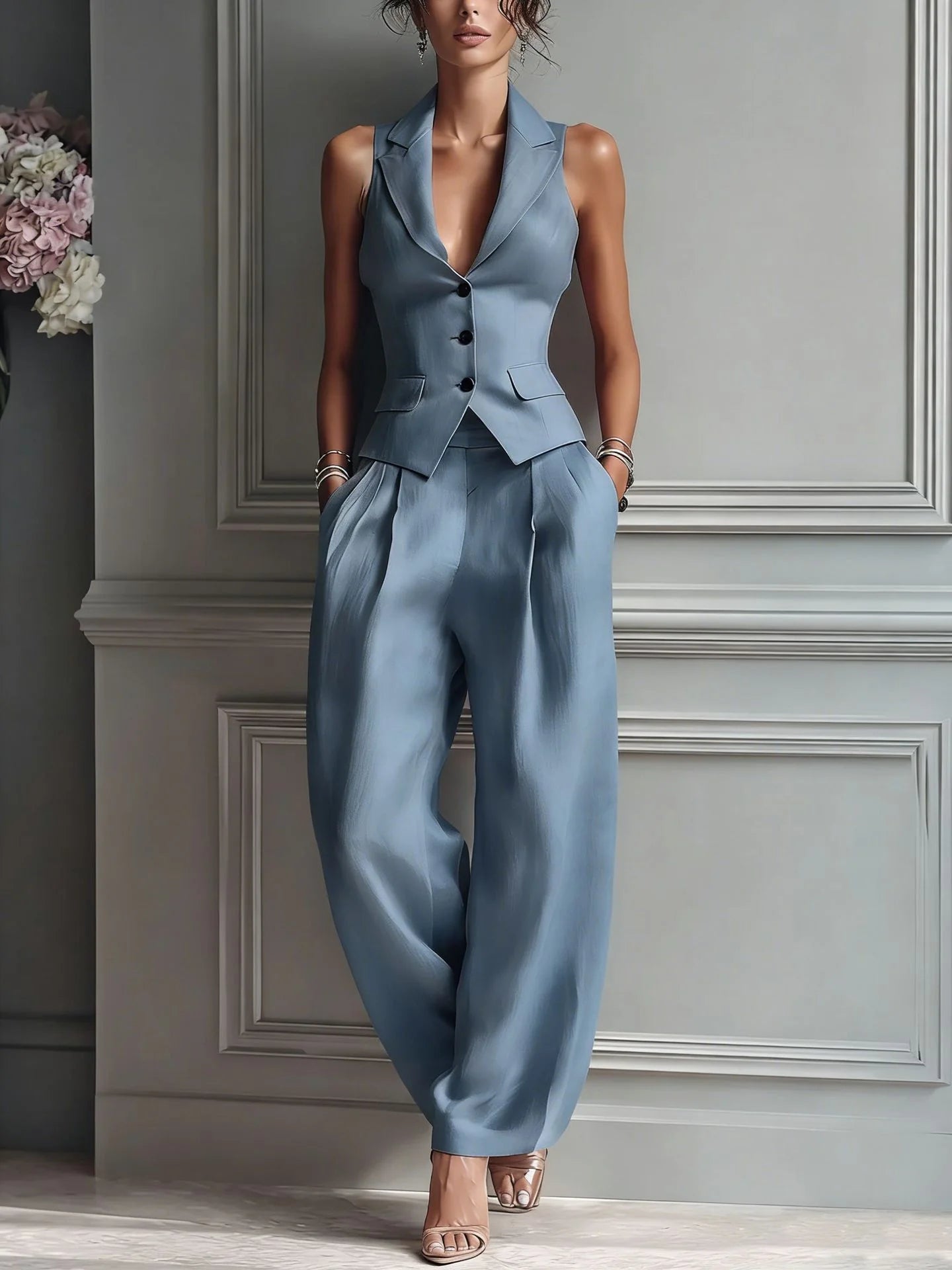 CELINE | Conjunto 2 Piezas Blazer Sin Mangas y Pantalón Palazzo