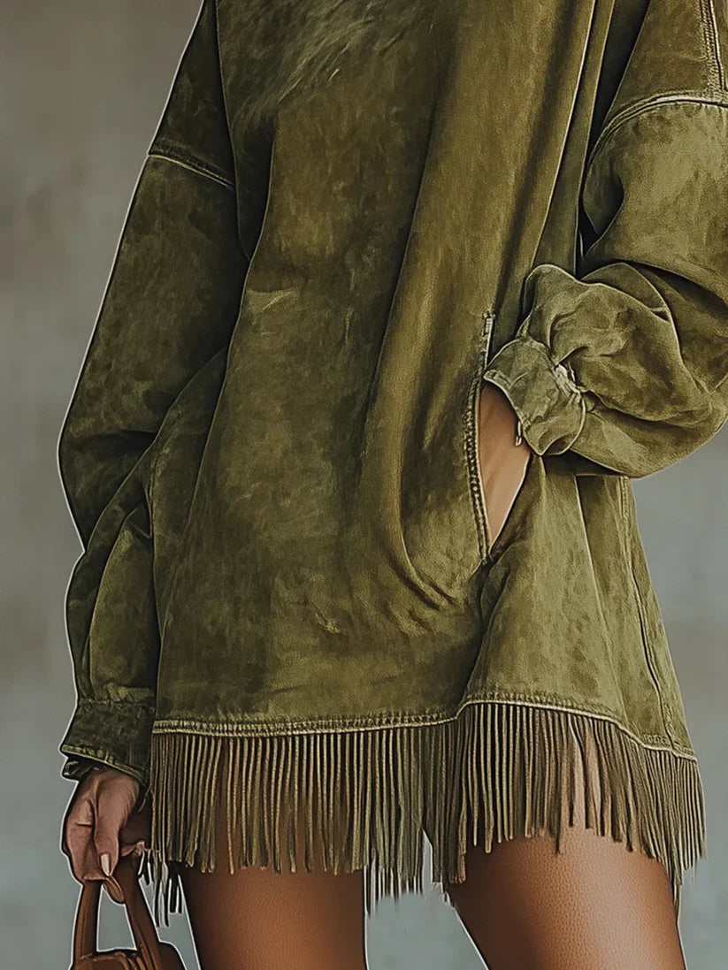 Gabriela | Vestido de ante con cuello alto y flecos