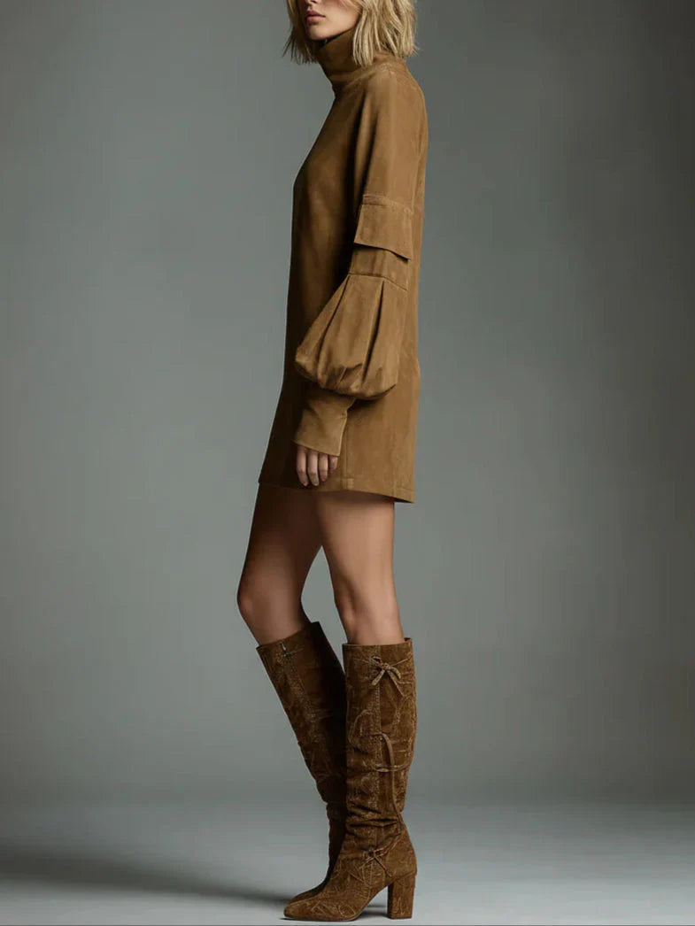 Beli | Mini vestido de ante suelto con cuello alto