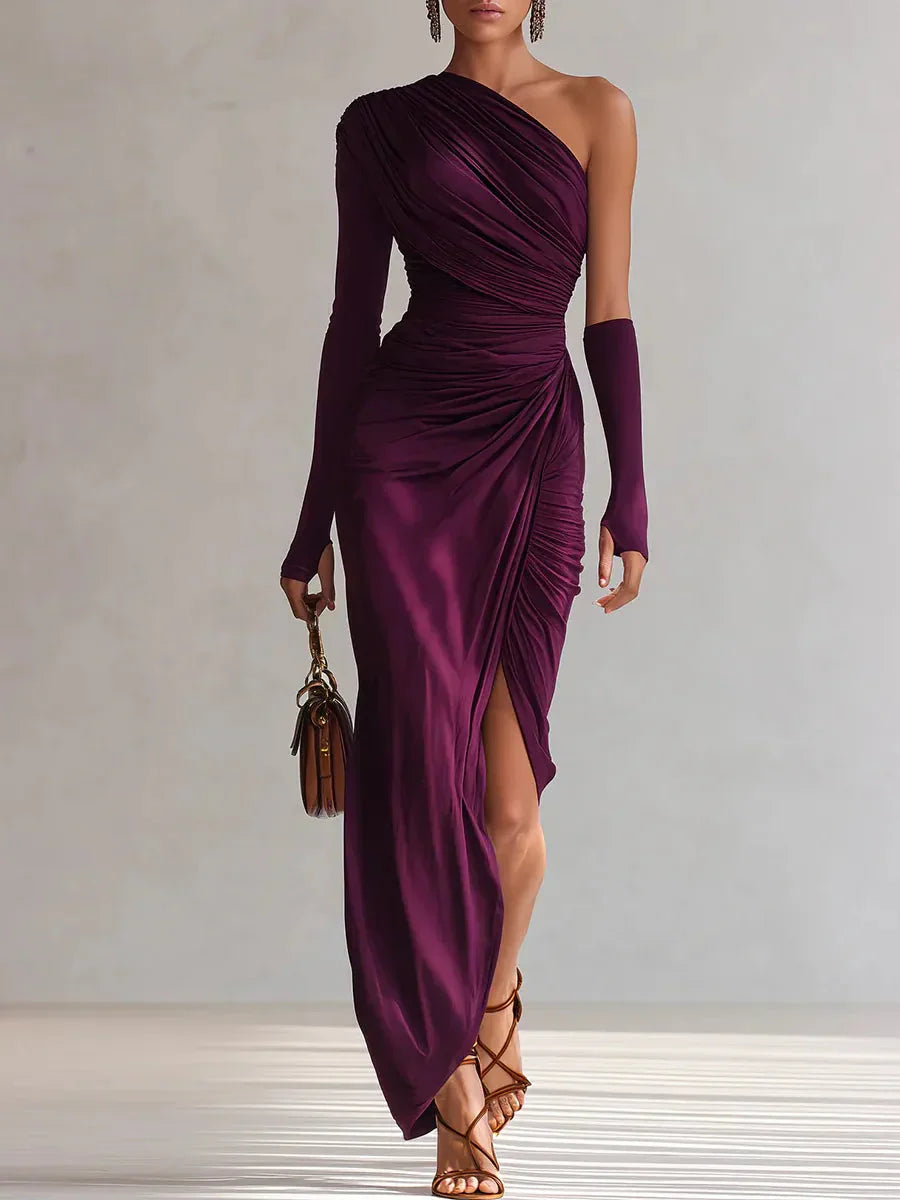 ROSALÍA – Vestido Maxi Morado de Hombro Descubierto