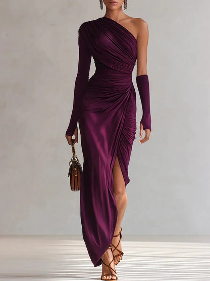 ROSALÍA – Vestido Maxi Morado de Hombro Descubierto