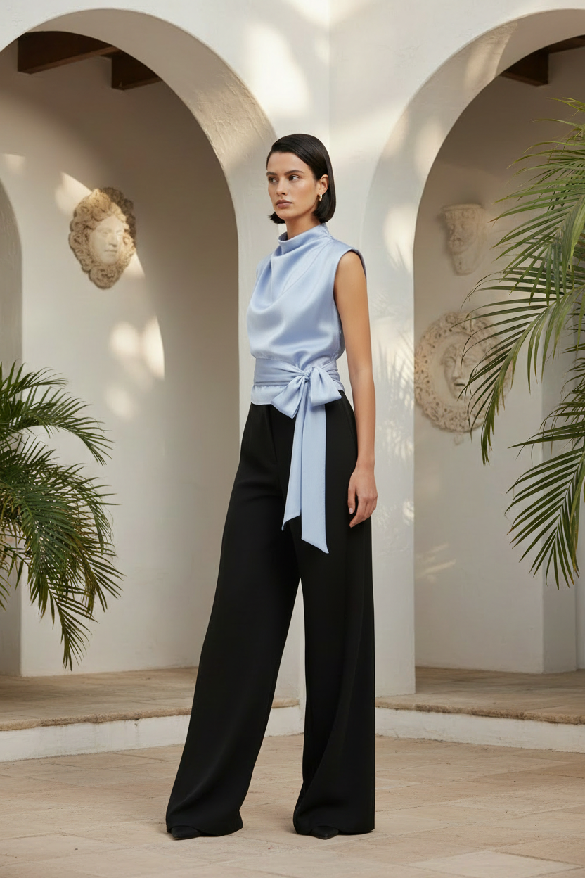 RENZA | Blusa con Textura Satinada y Lazo Largo Cruzado