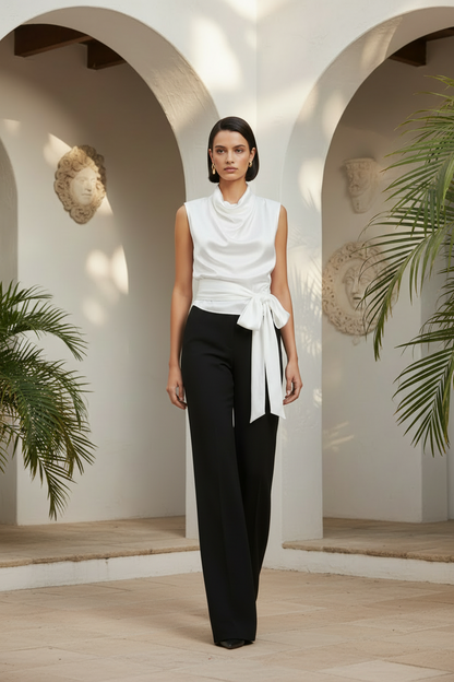 RENZA | Blusa con Textura Satinada y Lazo Largo Cruzado