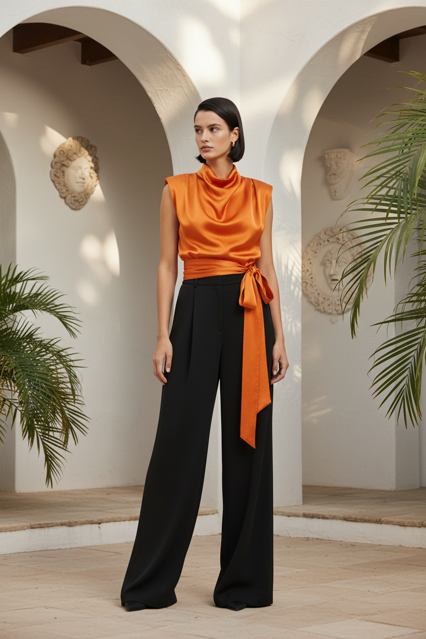 RENZA | Blusa con Textura Satinada y Lazo Largo Cruzado