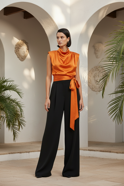 RENZA | Blusa con Textura Satinada y Lazo Largo Cruzado