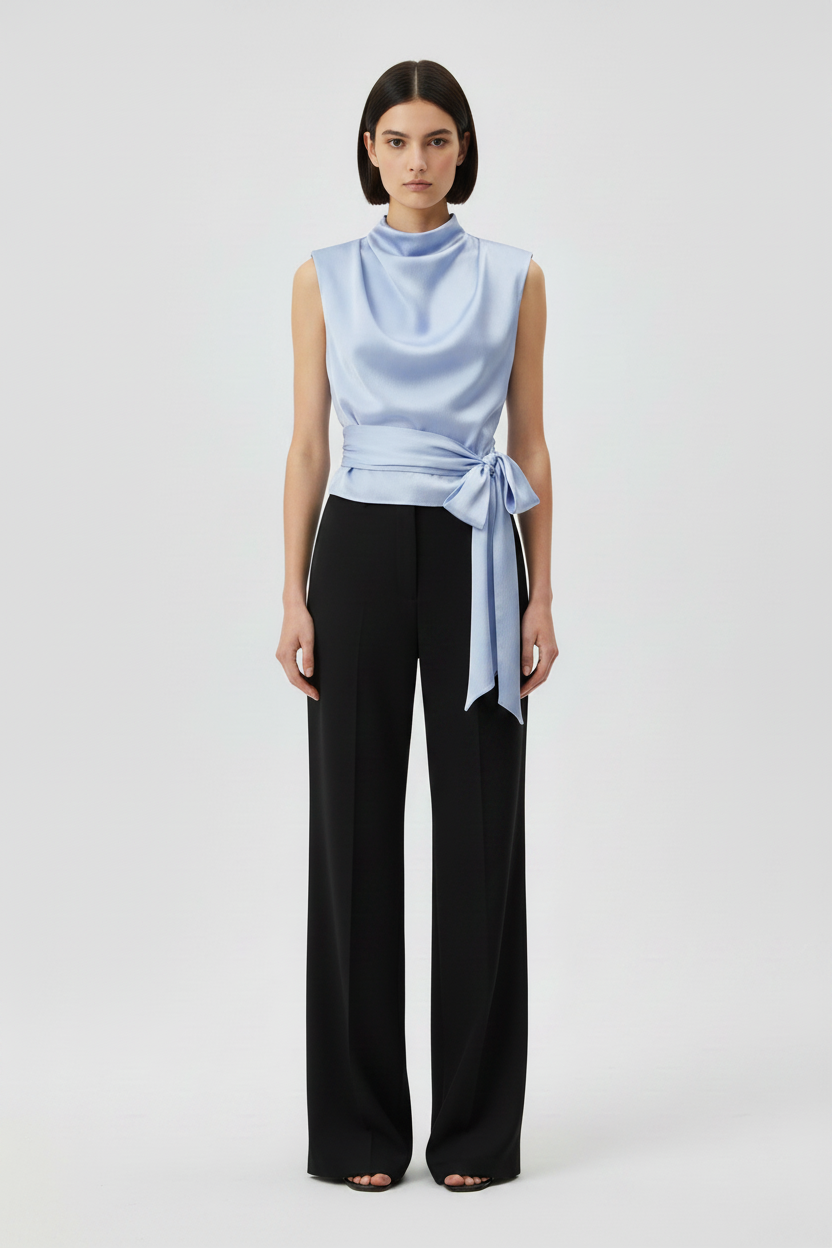 RENZA | Blusa con Textura Satinada y Lazo Largo Cruzado