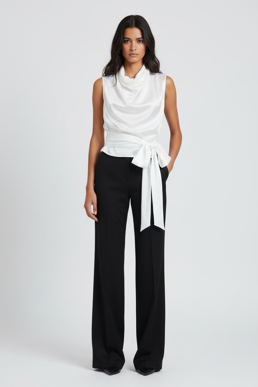 RENZA | Blusa con Textura Satinada y Lazo Largo Cruzado